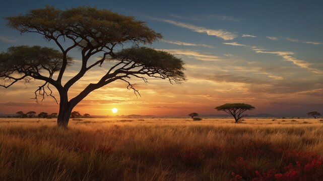 Serene sunset over a vast savanna landscape with acacia trees silhouetted against the sky