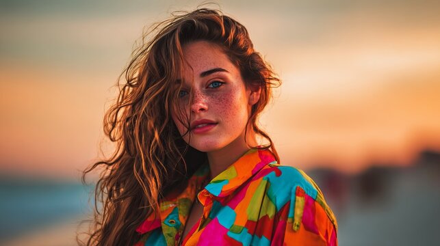 A captivating portrait of a young woman with curly hair, freckles, and a vibrant shirt against a stunning sunset beach backdrop