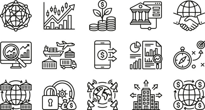 Economy vector bundle 14 icon set for business finance and global trade concepts