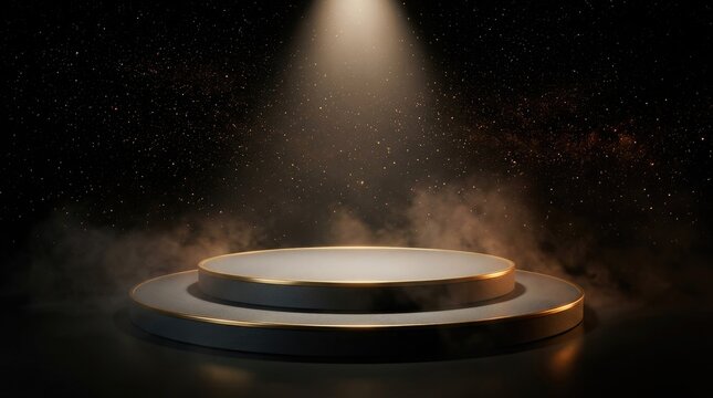 Luxury product display platform with spotlight and golden particle effects