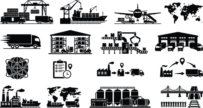 Economy vector bundle logistics and transportation icons for business and industry
