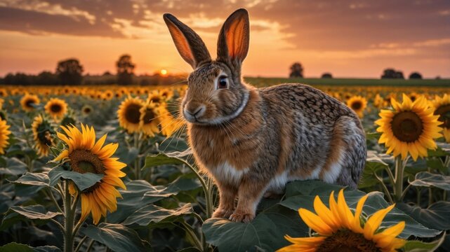 A rabbit sitting among vibrant sunflowers at sunset in a picturesque rural landscape