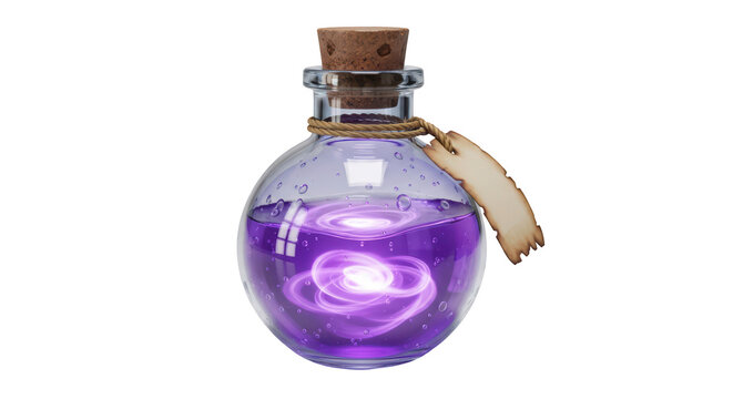 Vintage magic potion bottle with glowing purple liquid isolated on white background.