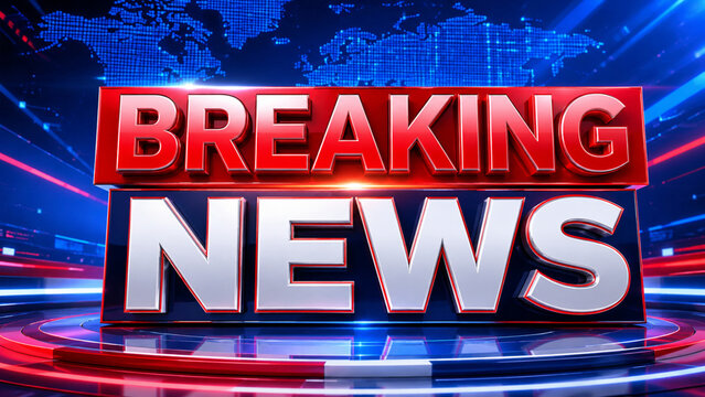 Bold 3D breaking news text on red and blue dynamic broadcast studio background