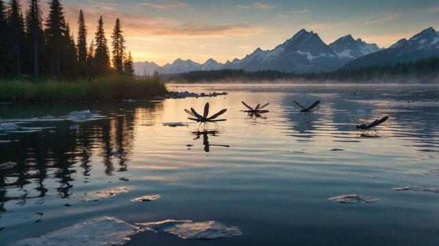 Serene lake at sunrise with mountains in the background, reflecting trees and ice on water