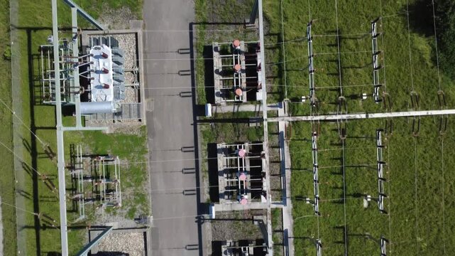 Aerial top down detail of electrical substation components (Aigerding, Sch&auml;rding)