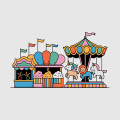 Fototapeta premium Colorful carnival fair with carousel ride and sweet snack stalls for children