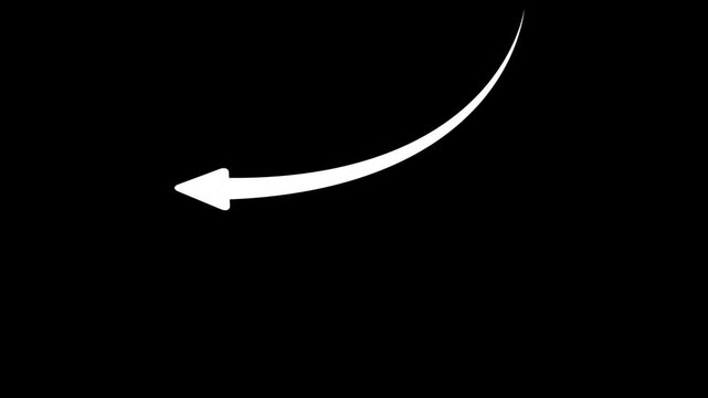 Animated White Curved Arrow Pointing Down and Left on Black Background, Financial Loss Decline Concept and Negative Economic Trend Crash Indicator Graphic