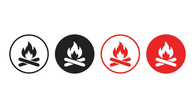 Set of Four Campfire Icons in Black and Red Circle Styles