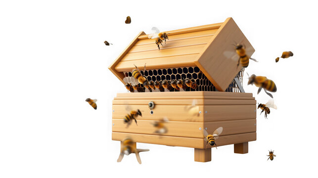 Wooden beehive with integrated monitoring sensor and flying honeybees on transparent background with equipped central electronic sensor