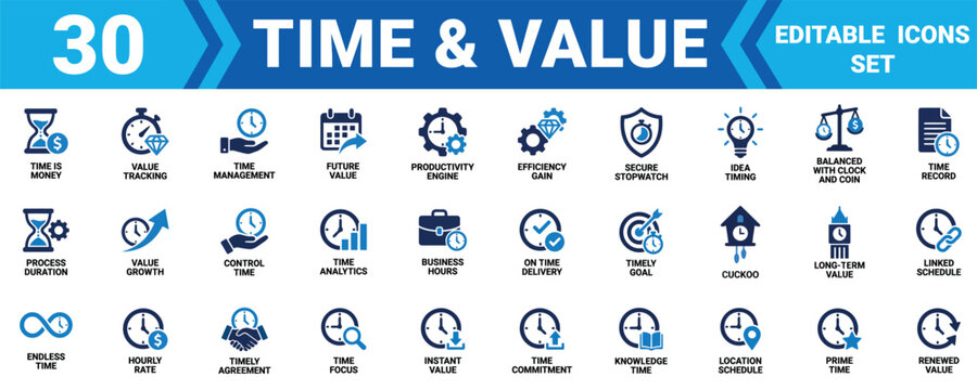 Set of thirty time and value icons for business productivity and management planning in blue and black Minimal solid fill icon set bundle collection. Editable Vector Illustration Mega pack