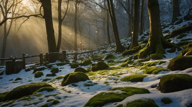Serene winter forest landscape with sunlight filtering through trees, highlighting moss-covered rocks