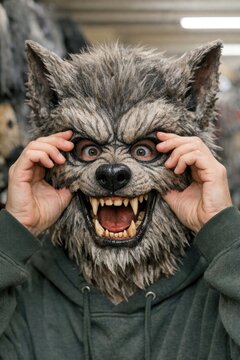 A person wearing a wolf mask, concealing their eyes