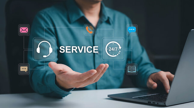 Customer Service Support Concept with 24 7 Assistance and Contact Icons