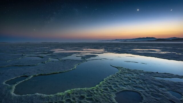 Serene twilight over a salt flat with reflective pools, distant mountains, and starry sky