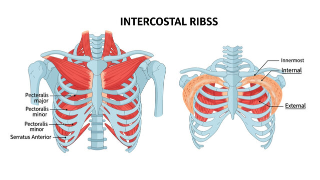 Human Anatomy Diagram of Intercostal Ribs and Chest Muscles ideal for medical education and healthcare presentations.