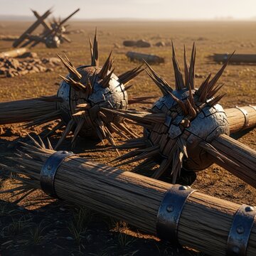Shattered Medieval Wooden Battering Rams with Spikes on Battlefield
