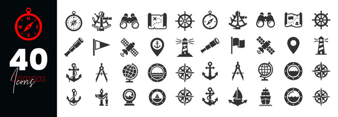 Minimal compass icon set collection with wind rose navigation symbols for travel, maritime, exploration and direction design © Afsana