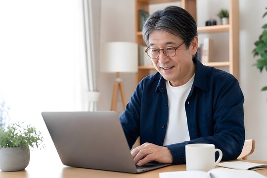 ノートPCでオンライン学習・副業をするアクティブシニア