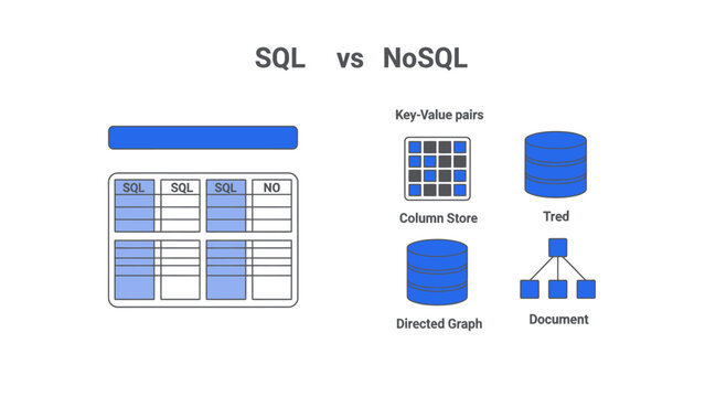 Database Comparison Infographic SQL vs NoSQL relational table and non-relational data structures ideal for educational tech blogs and software development presentations.