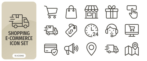 Fototapeta premium Shopping ecommerce icon set, linear icons for online store, delivery, payment, and customer support
