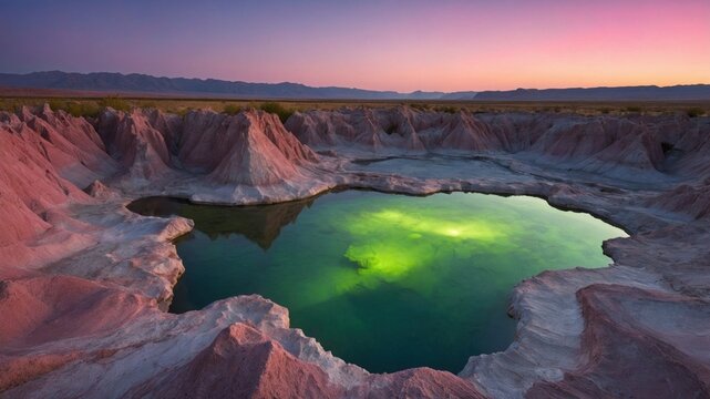 Serene sunset over a vibrant green oasis surrounded by rugged rock formations in a tranquil landscape