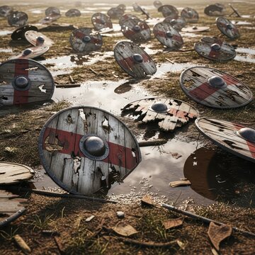 Shattered Viking Shields Littering a Muddy Battleground