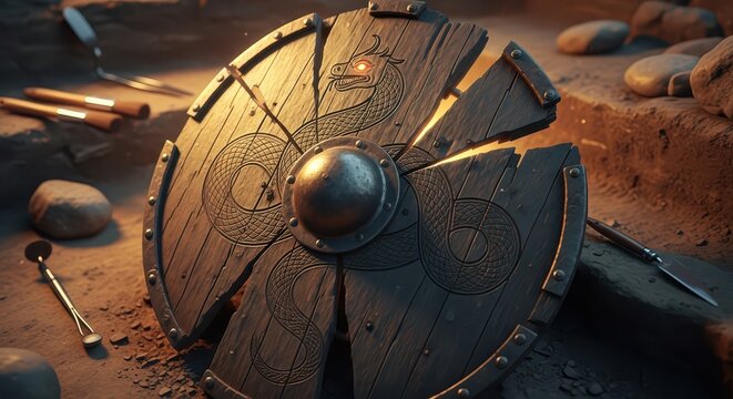 Shattered Viking Shield with Dragon Emblem