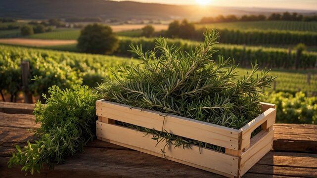 Freshly harvested rosemary in a wooden crate on a rustic table overlooking a vineyard at sunset