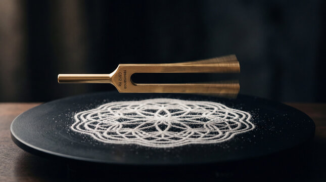 Macro conceptual photo of a brass tuning fork creating geometric sand patterns on a black plate representing intuition and resonance, 16:9