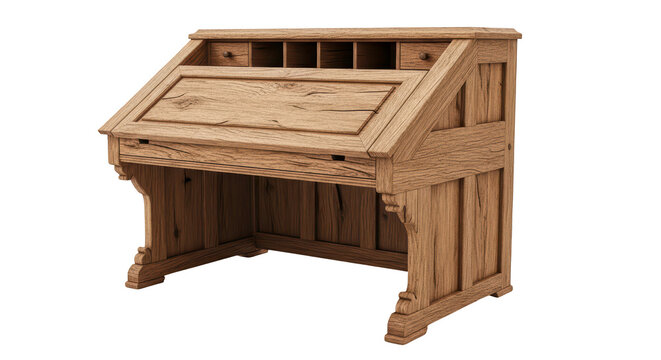Vintage vintage wooden writing desk bureau isolated on white background.
