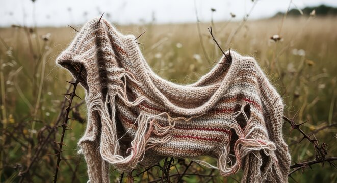Shredded Woolen Tunic Garment Caught on Branches in a Field