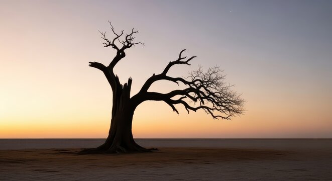 Silhouette of a Lone, Broken Tree at Sunset