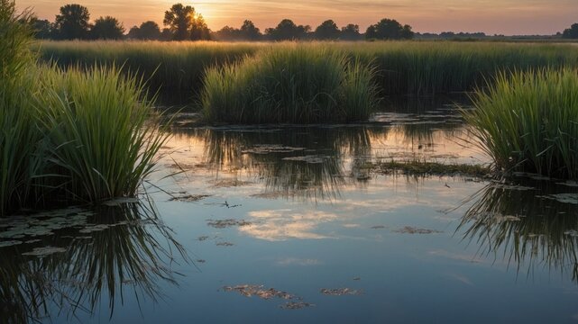 Serene sunset over a tranquil marshland with lush grass and reflective water, evoking peace