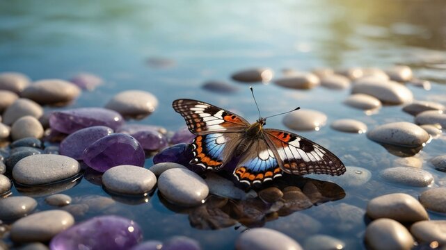 Colorful butterfly resting on smooth pebbles near a tranquil water surface reflecting soft sunlight