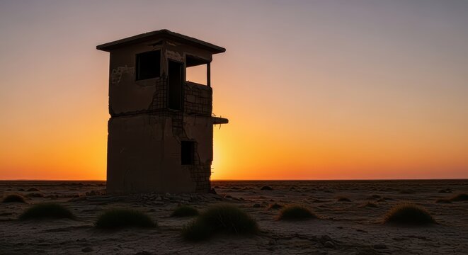 Silhouette of an Abandoned Guardhouse at Sunset