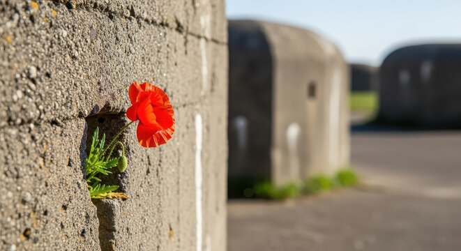 Single Red Poppy Growing on Concrete Wall Beside Old Bunker