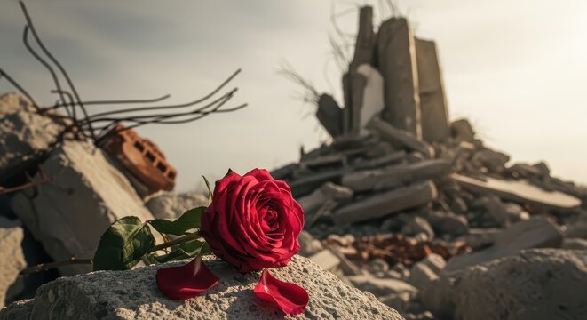 Single Wilting Red Rose Amidst Concrete Ruins and Debris