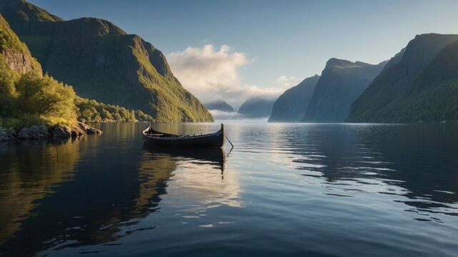 Serene morning view of a lone boat on tranquil waters surrounded by majestic mountains and mist