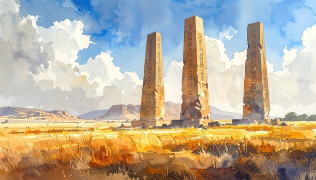Ancient stone obelisks standing in golden desert landscape under wide blue sky symbolizing history, heritage and timeless monuments of ancient civilizations