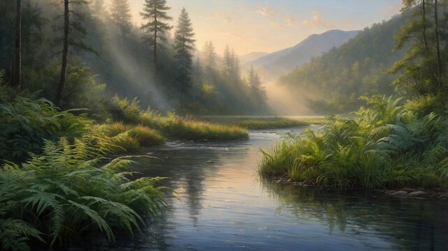 Serene river flowing through lush green forest at sunrise, with mist rising in the background