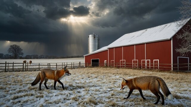 Two foxes walking through a snowy field near a red barn under dramatic stormy skies