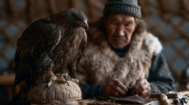 Mongolian eagle hunter repairing leather hood and jesses of a large raptor perched on a padded arm stand inside a yurt, traditional falconry tools nearby, Central Asian heritage