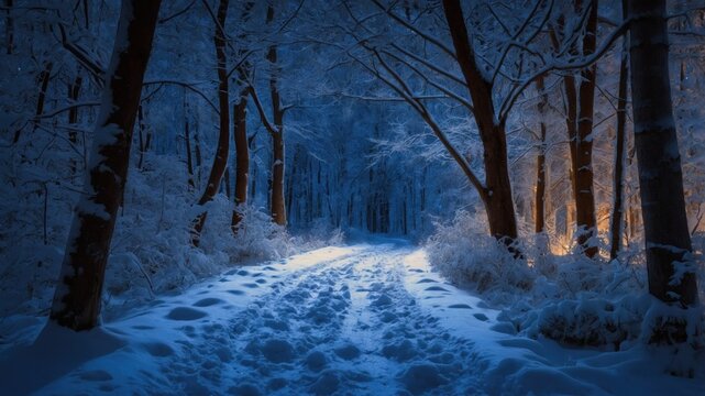 Serene winter forest pathway illuminated by soft light, surrounded by snow-covered trees at dusk
