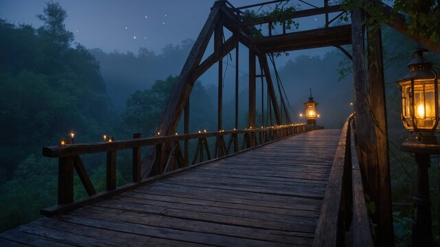 Serene wooden bridge illuminated by lanterns at twilight, surrounded by misty forest and fireflies