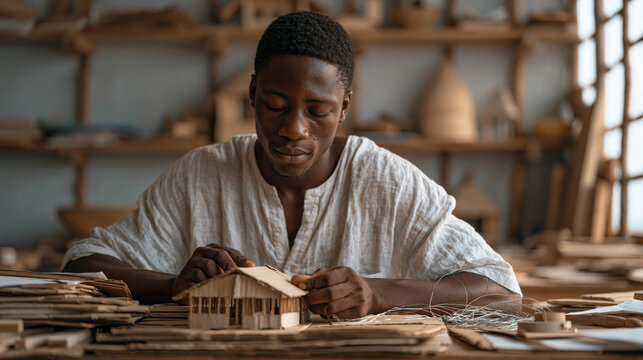 Young Nigerian architect building scale model of community clinic with cardboard and wire career aspiration student design healthcare infrastructure Africa urban planning