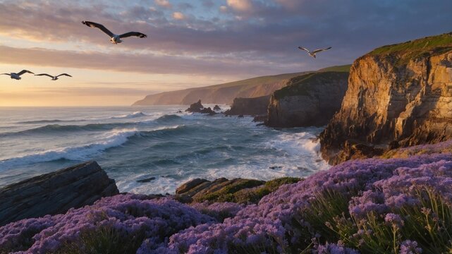 Serene coastal landscape at sunrise with cliffs, wildflowers, and seagulls flying over the ocean