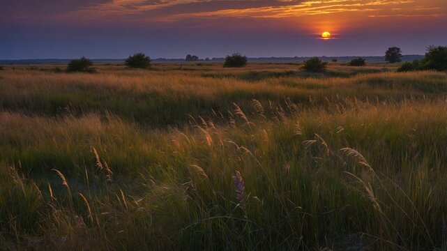 Serene sunset over a vast grassy field with soft golden hues, highlighting nature's tranquility