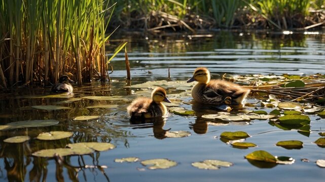 Ducklings swimming peacefully in a serene pond surrounded by lush greenery and lily pads