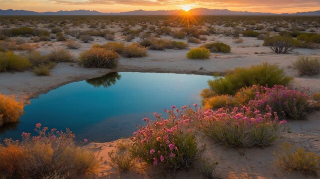 Serene desert landscape at sunset with blooming flowers and a tranquil pond reflecting the sky